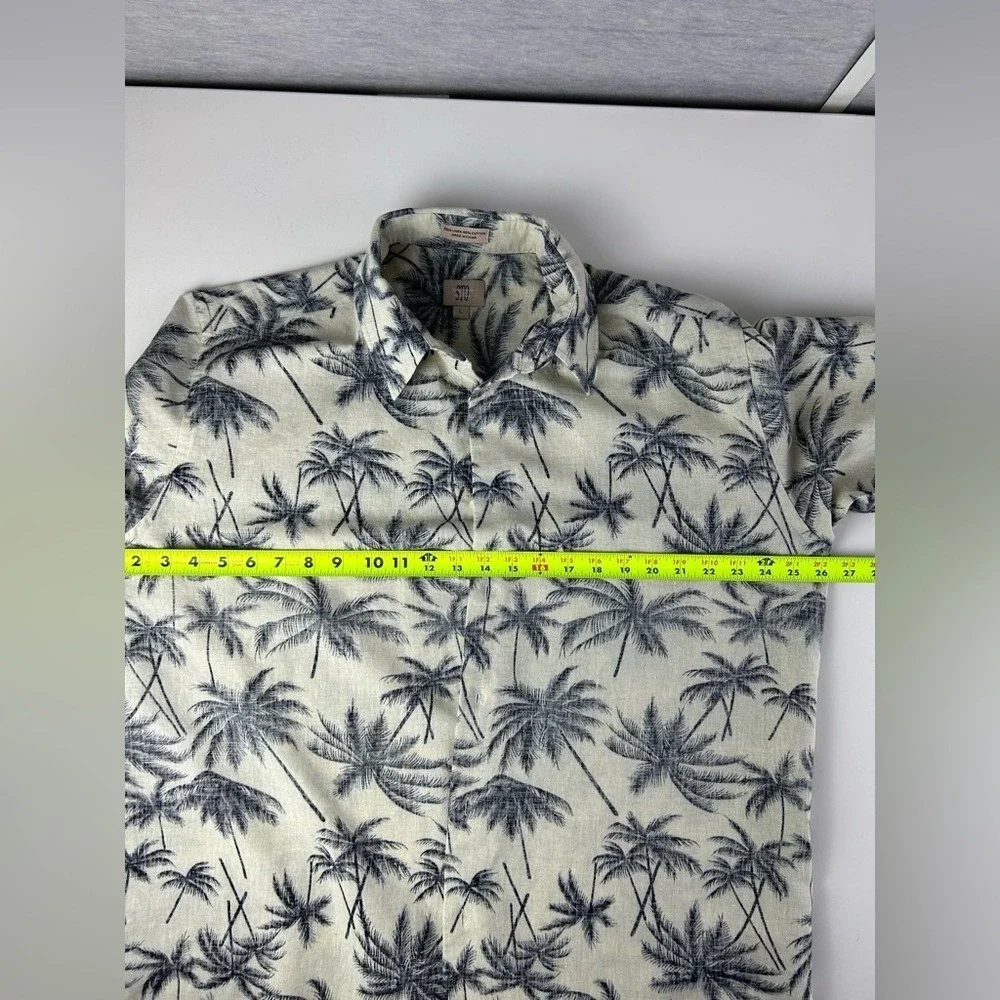 STO Men's Linen Cotton Hawaiian Shirt Palm‎ Tree Print Beige Black Size L